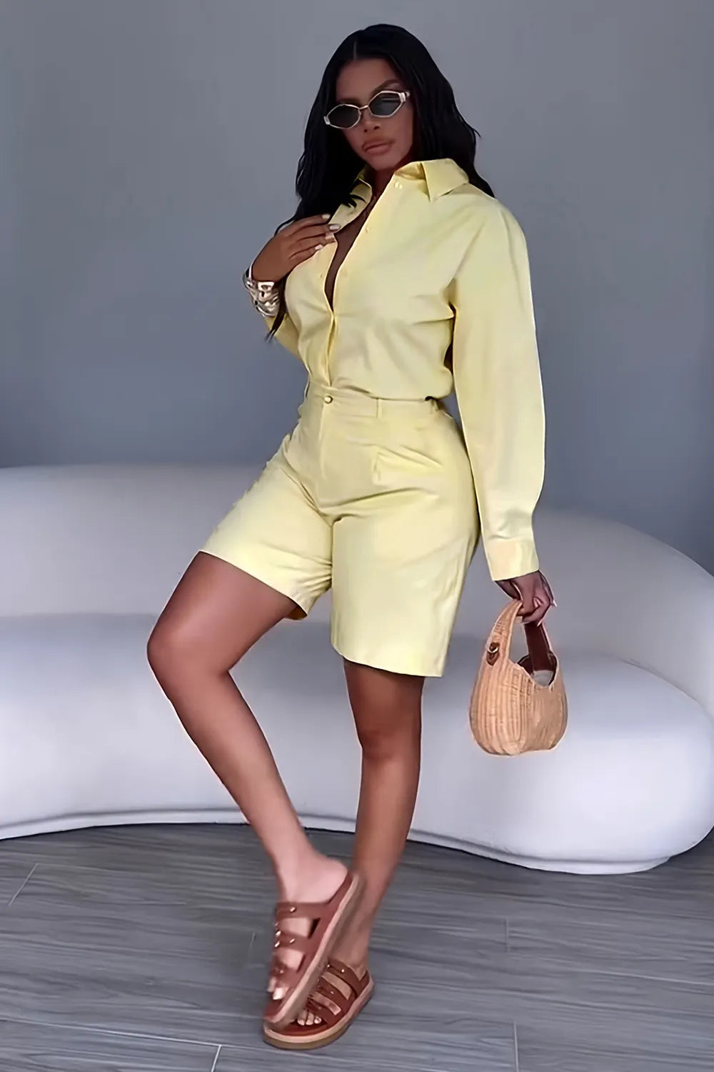 Solid Color  Collar Shirt High Waist Shorts Casual 2pcs Set-White