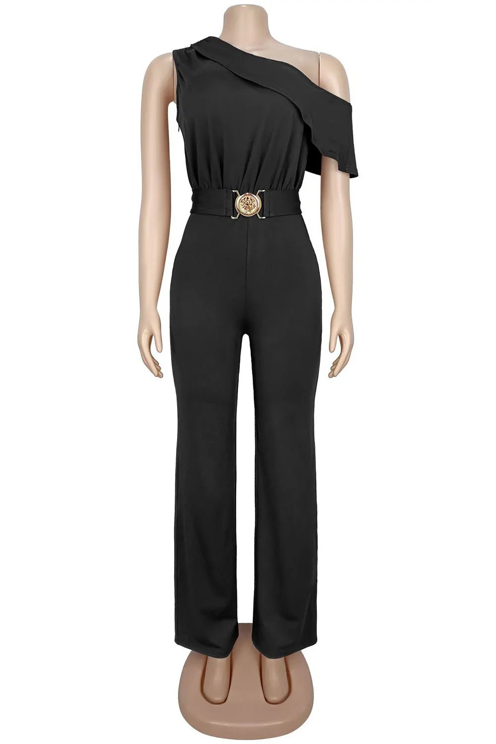 One Shoulder Metal Buckle Cinch Waist Slim Solid Color Casual Jumpsuit-Black