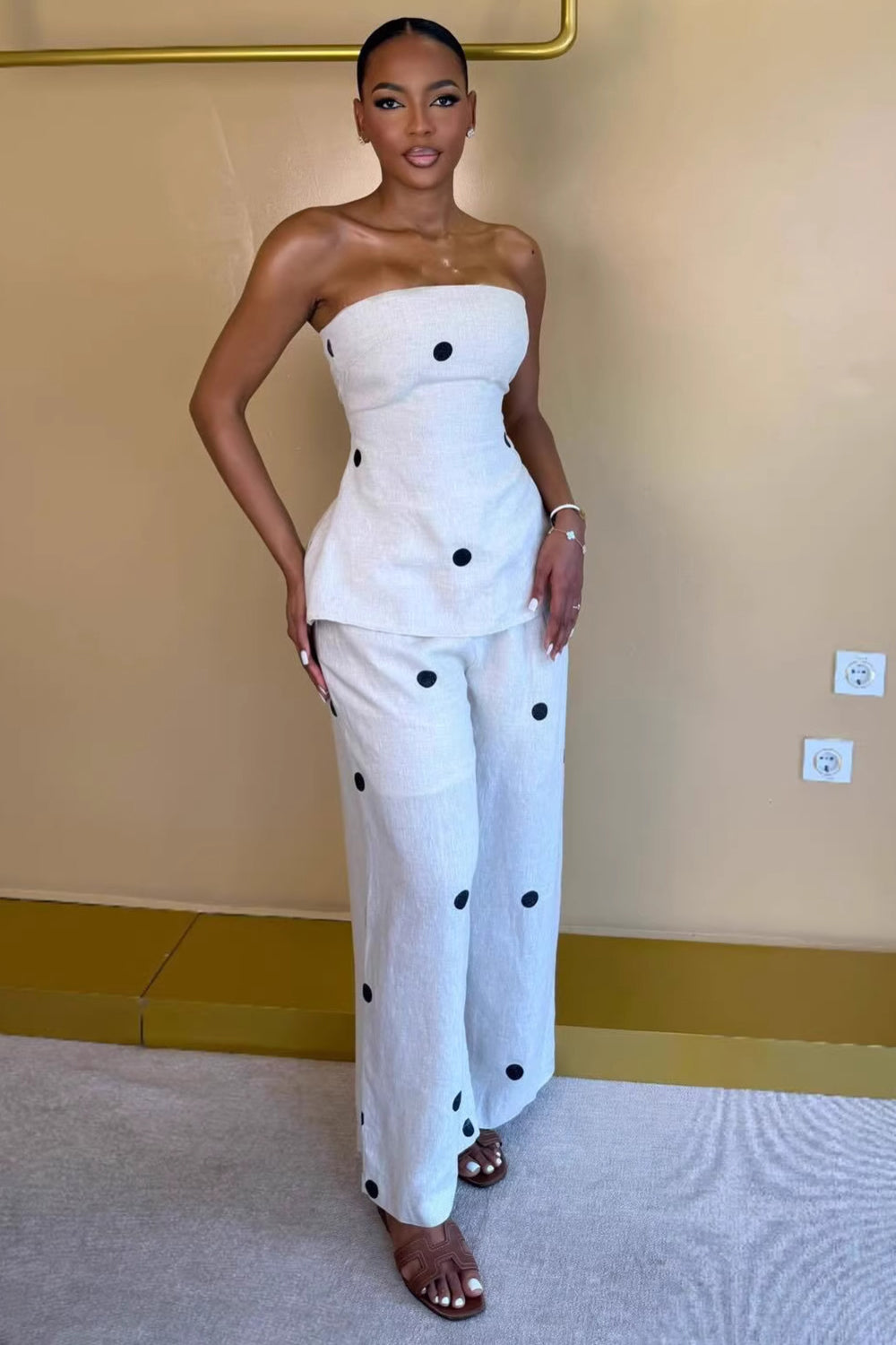 Polka Dot Strapless Back Zipper Slit Top Wide Leg Pants Casual 2pcs Set-White