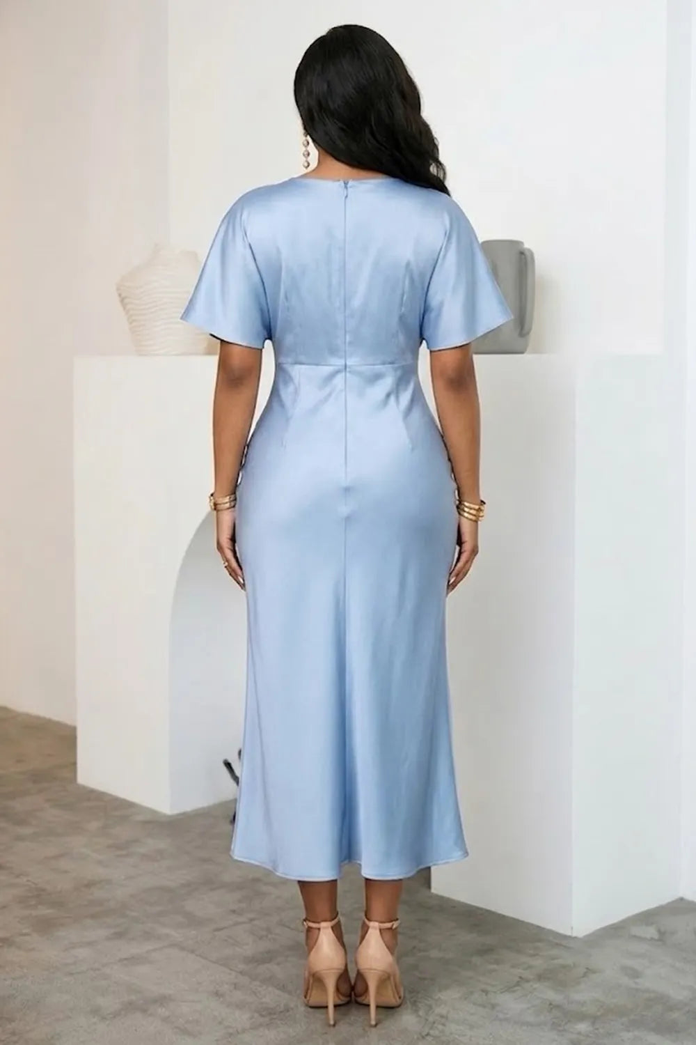 Solid Color V Neck Short Sleeve Cinch Waist Satin Midi Dresses-Blue