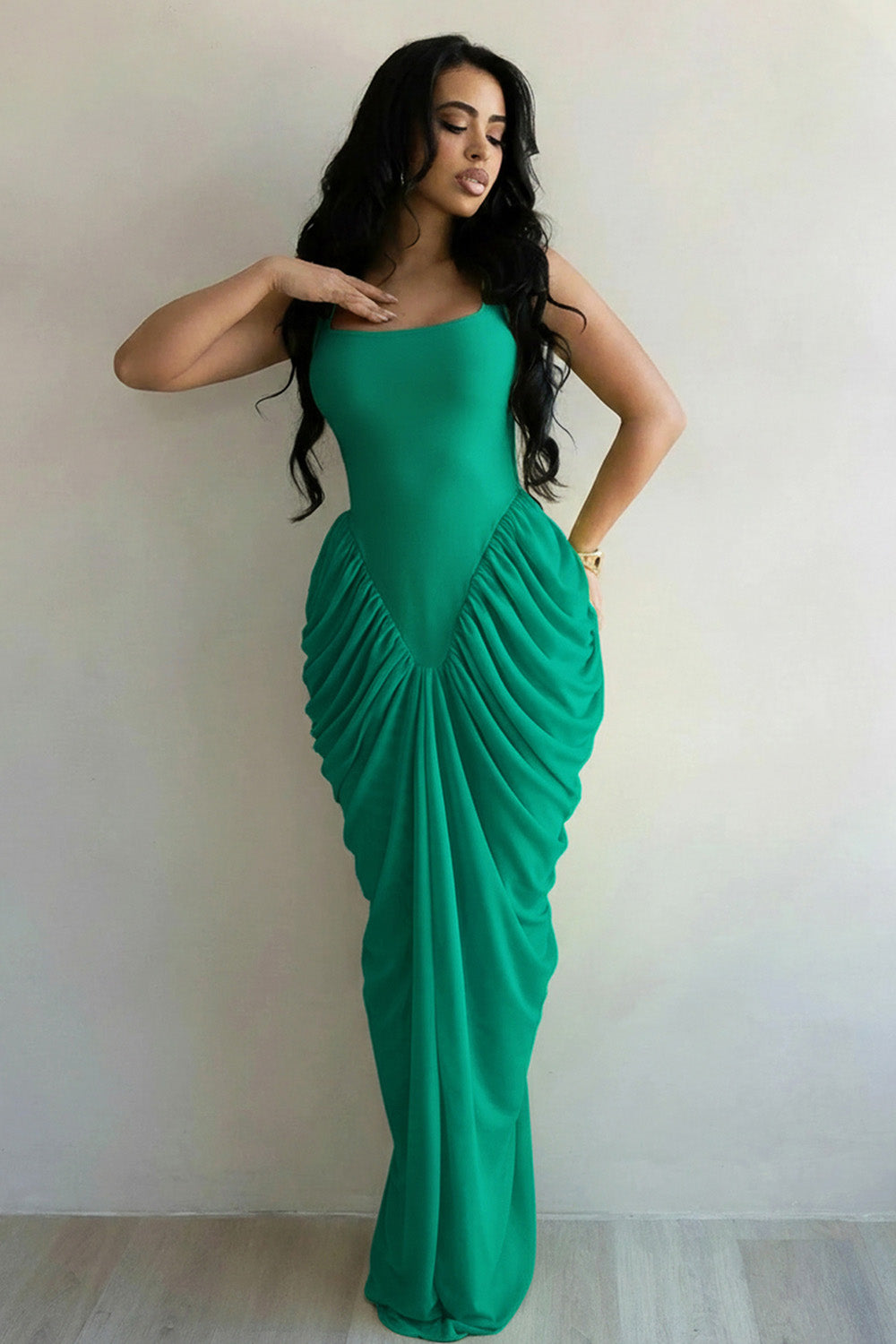 Square Neck Wide Strap Cinched Waist Ruched Bodycon Gowns Maxi Dresses-Yellow