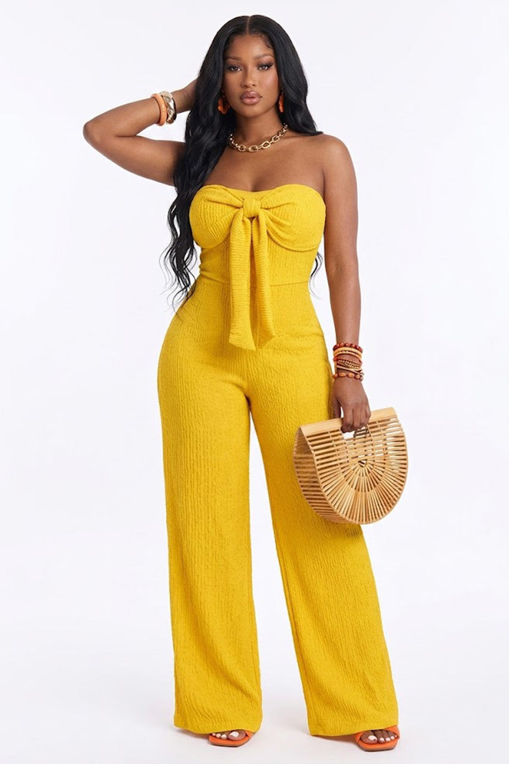 Strapless Bowknot Wrinkle Texture High Waist Wide Leg Vacation Jumpsuit-Green