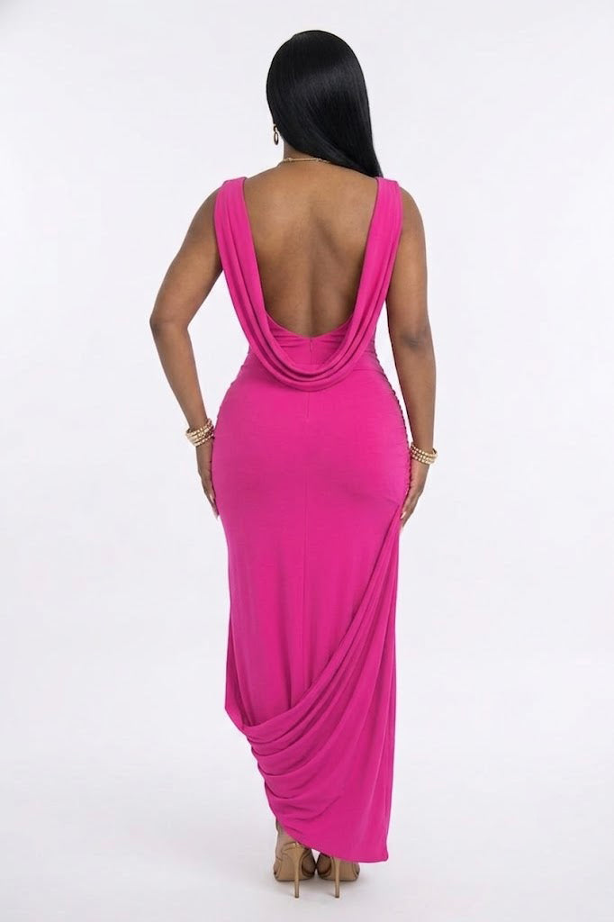 Solid Color Boat Neck Ruched Backless Sleeveless Gowns Maxi Dresses-Fuchsia