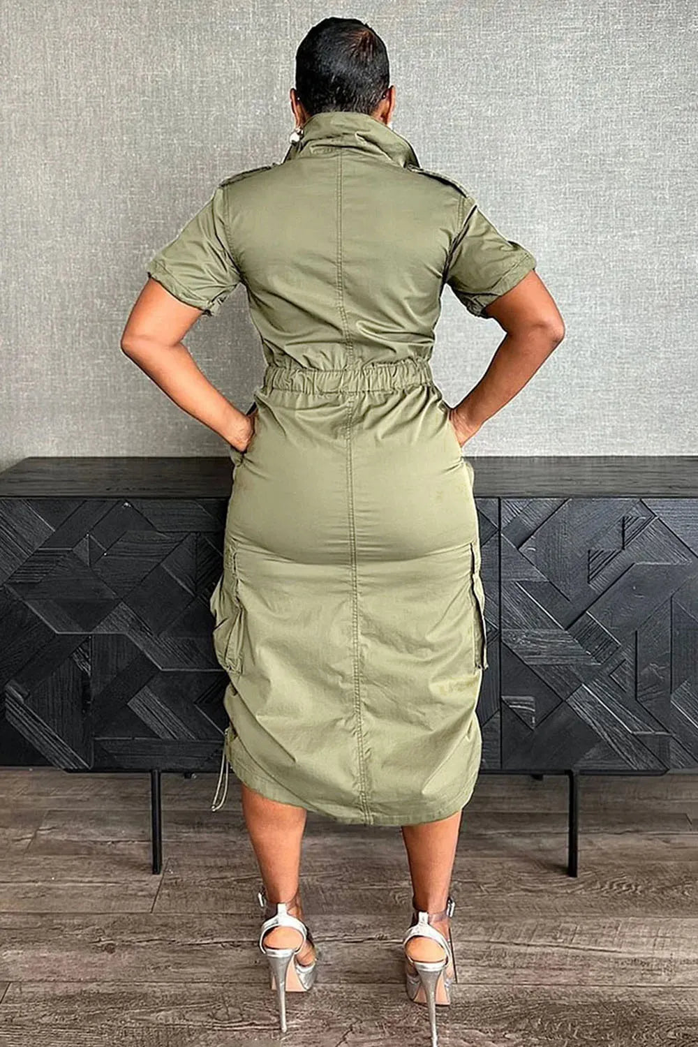 Stand Collar Zipper Drawstring Waist Pocket Midi Dresses-Green