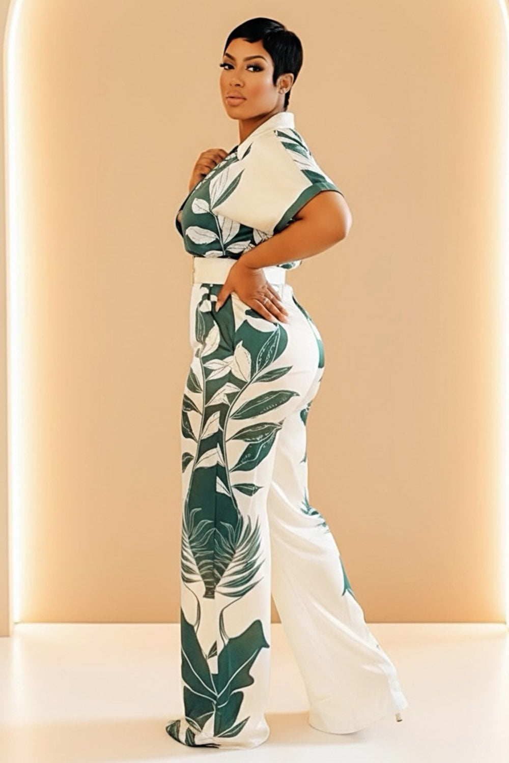 Collar Short Sleeve Leaf Print Vacation Jumpsuit-Green