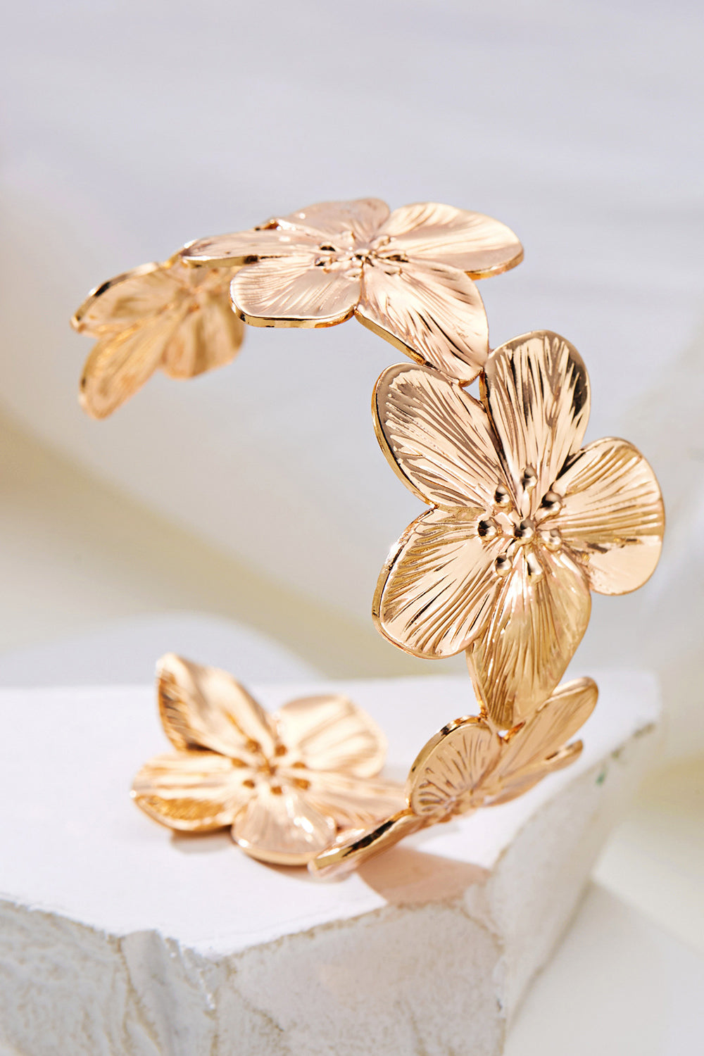 Textured Metal Flower Butterfly Open Cuff Bangle Bracelet