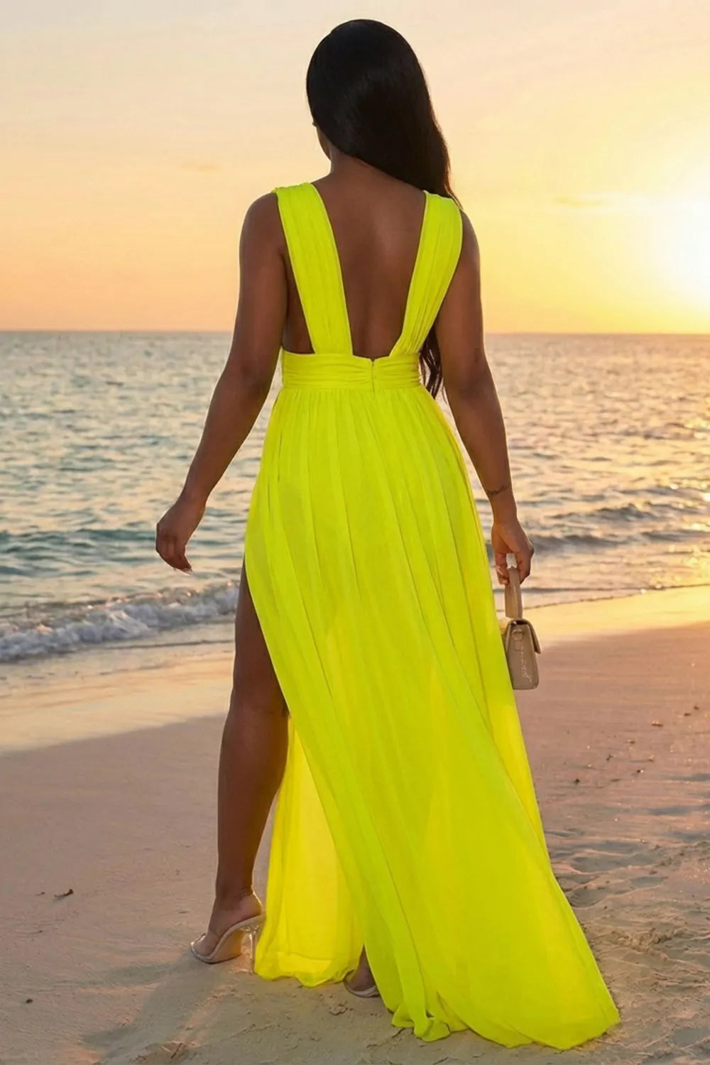 Deep V Neck Cinch Waist Slit Mesh Loose Fit Maxi Dresses-Green