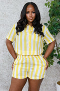 Striped  Collar Short Sleeve Top Shorts 2pcs Set-Yellow