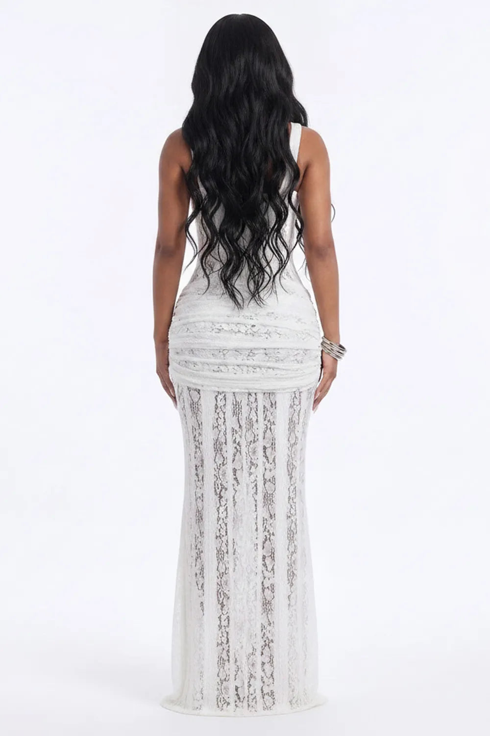 Square Neck Sleeveless Guipure Lace Sash Slim Fit Gowns Maxi Dresses-White