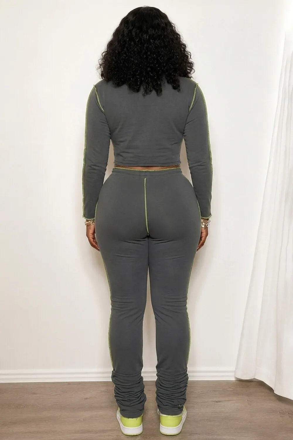 Contrast Piping Pattern Top Drawstring Slim Pants 2pcs Set-Gray