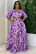 All Over Print Boat Neck Crop Top Bouffant Maxi Skirt Casual 2pcs Set-Purple