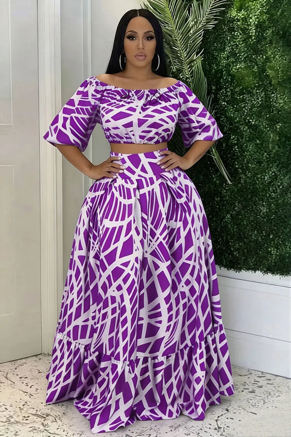 All Over Print Boat Neck Crop Top Bouffant Maxi Skirt Casual 2pcs Set-Purple