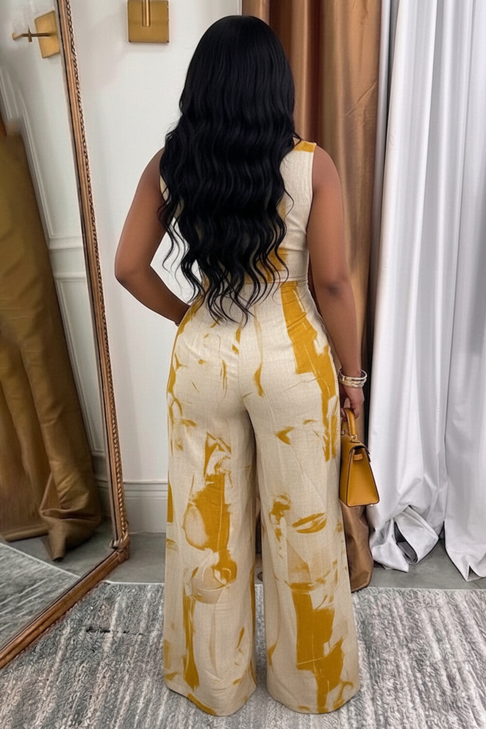 Sleeveless Abstract Print Wide Leg Linen Casual Jumpsuit-Green