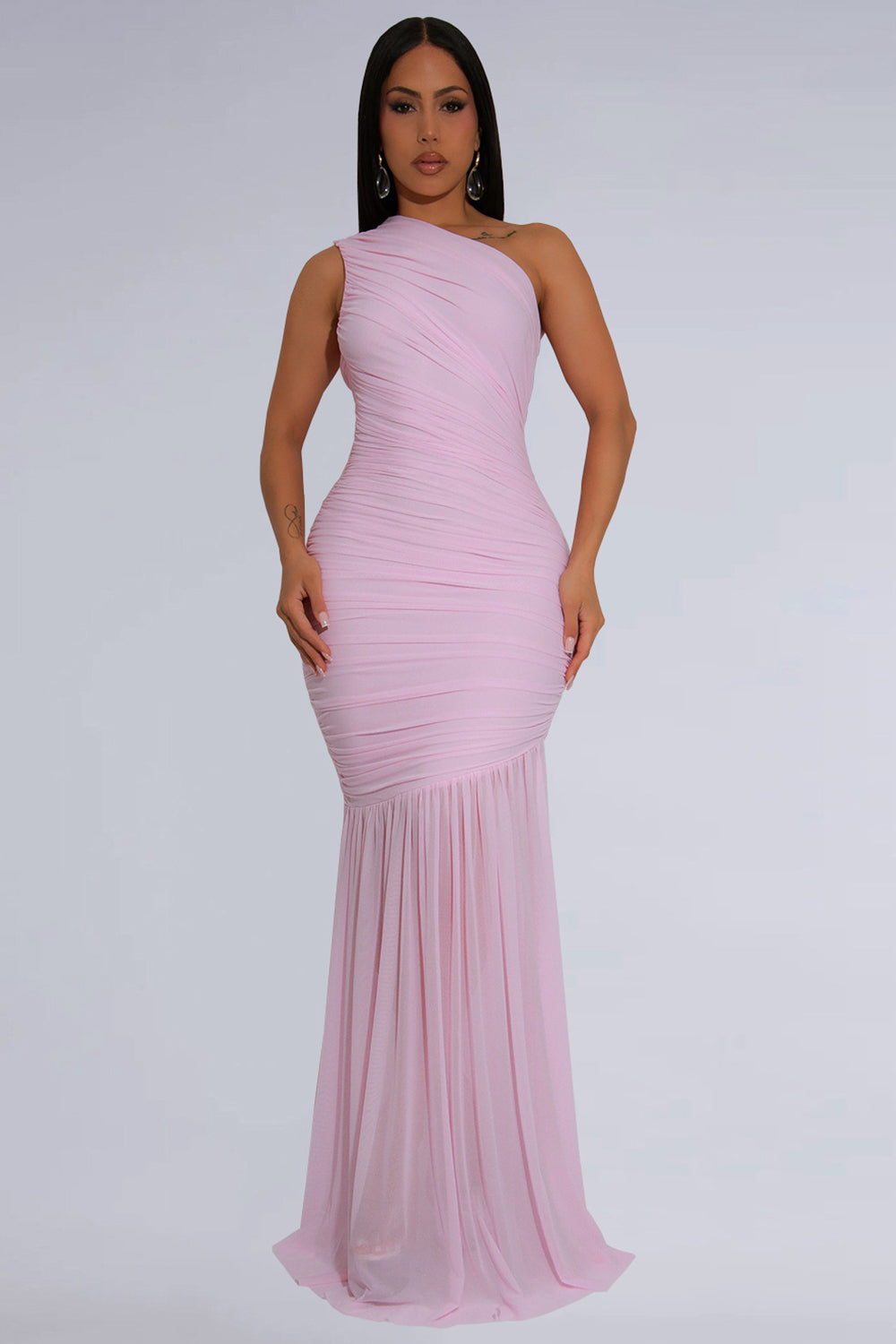 One Shoulder Sleeveless Ruched Solid Color Mesh Gowns Maxi Dresses-White
