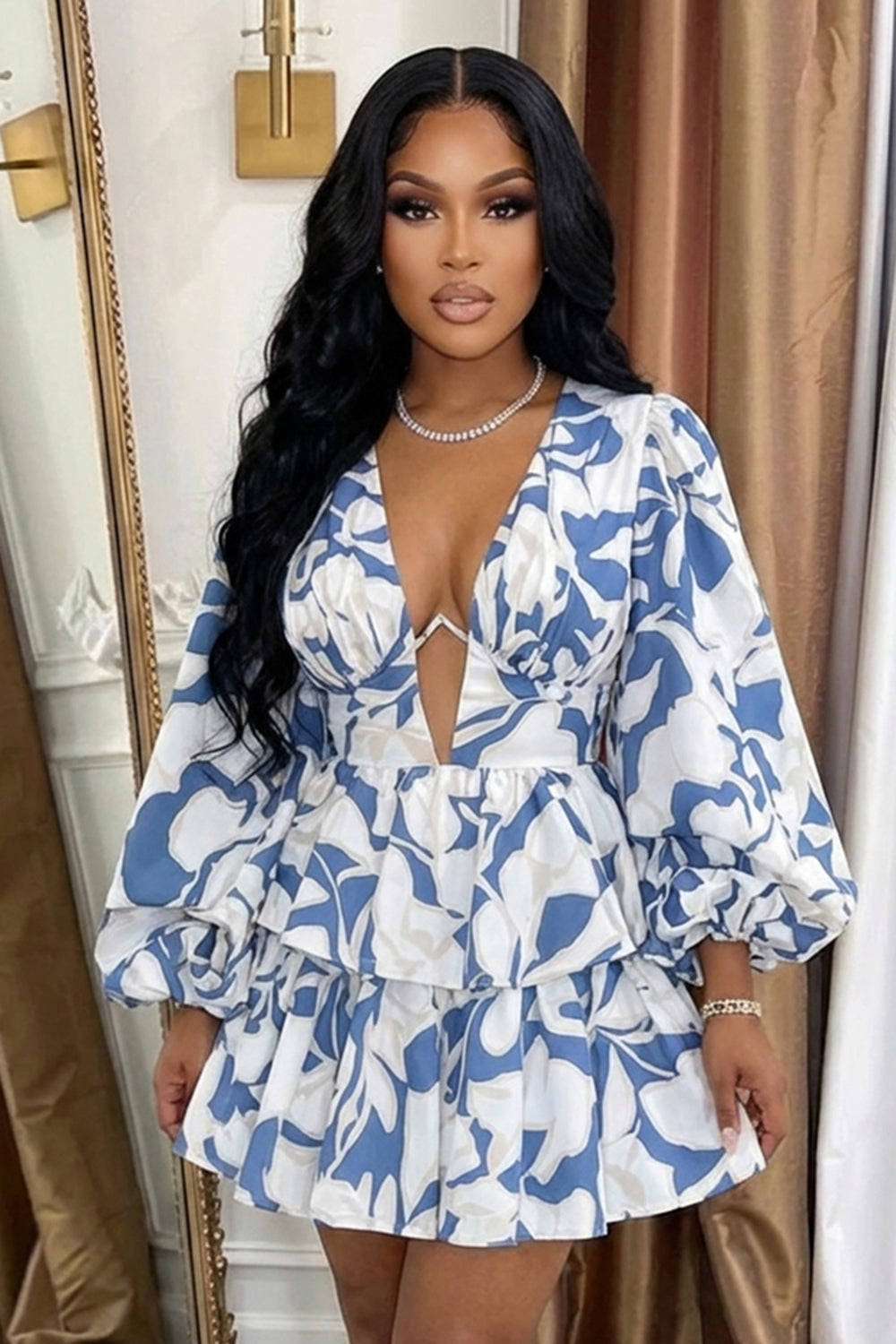 Deep V Neck Balloon Sleeve Ruffles Casual Mini Dresses-Blue