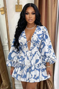 Deep V Neck Balloon Sleeve Ruffles Casual Mini Dresses-Blue