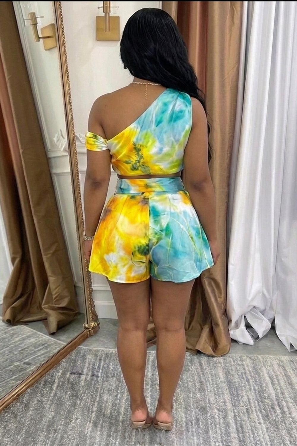 One Shoulder Top High Waist Shorts Casual 2pcs Set