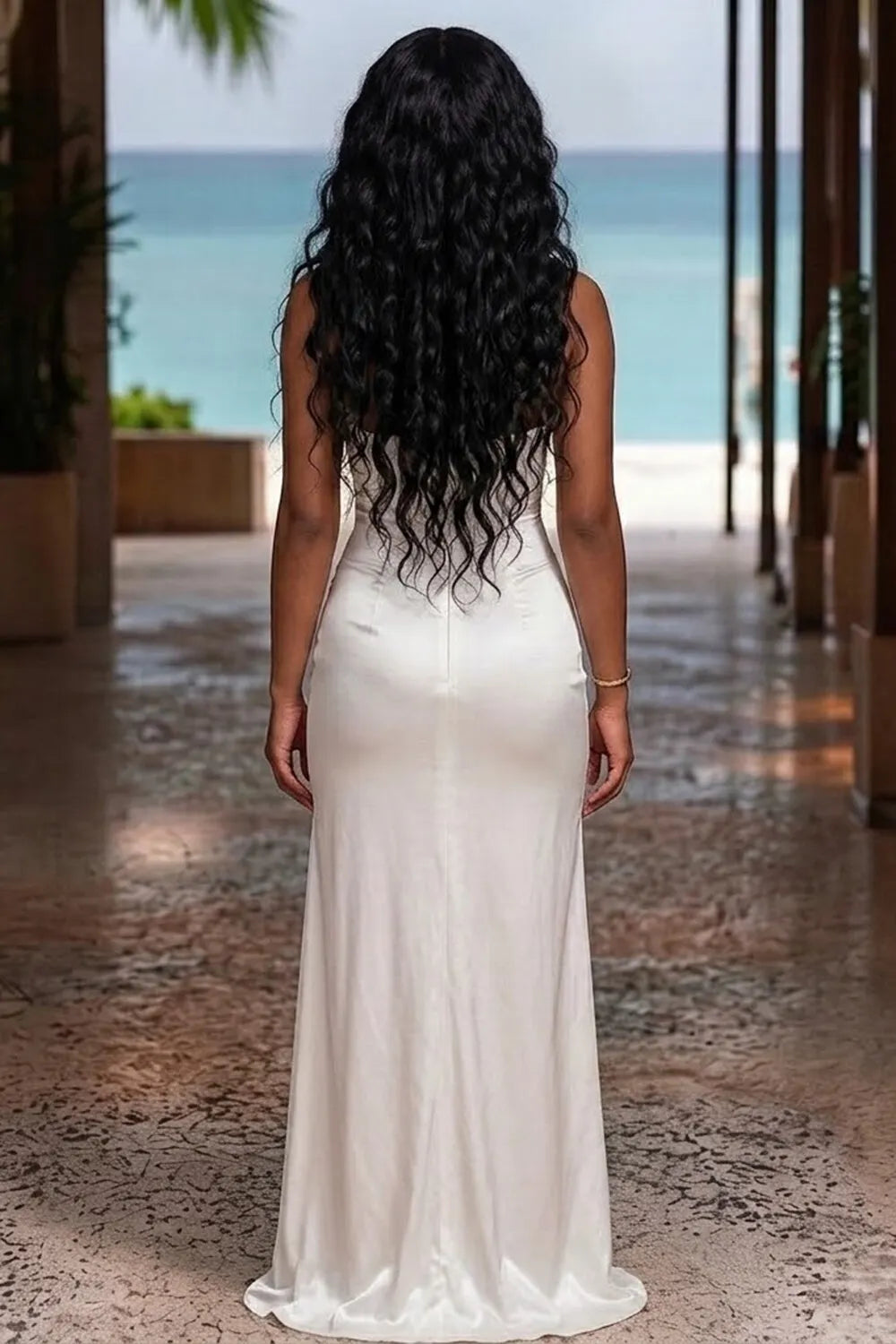 Strapless Lace Trim Knot Ruched Slit Cinch Waist Gowns Maxi Dresses-White