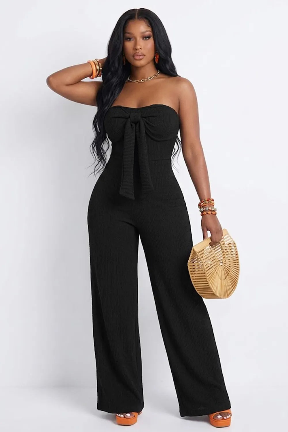 Strapless Bowknot Wrinkle Texture High Waist Wide Leg Vacation Jumpsuit-Green