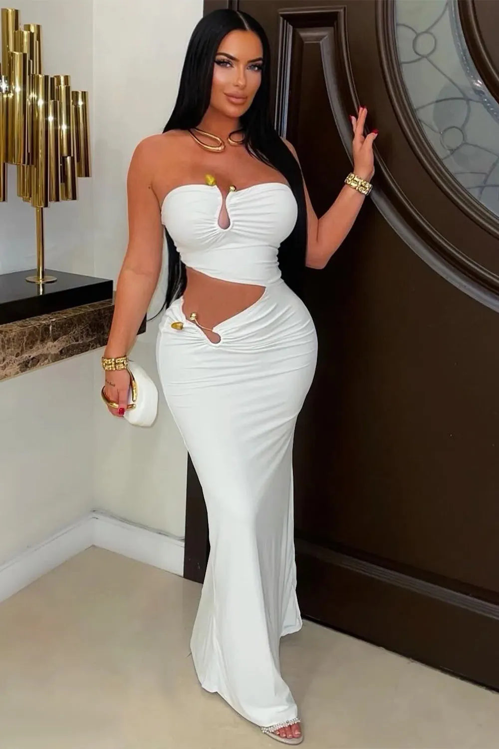 Strapless Waist Cut Out Bead Decor Ruched Fishtail Party Maxi Dresses-White