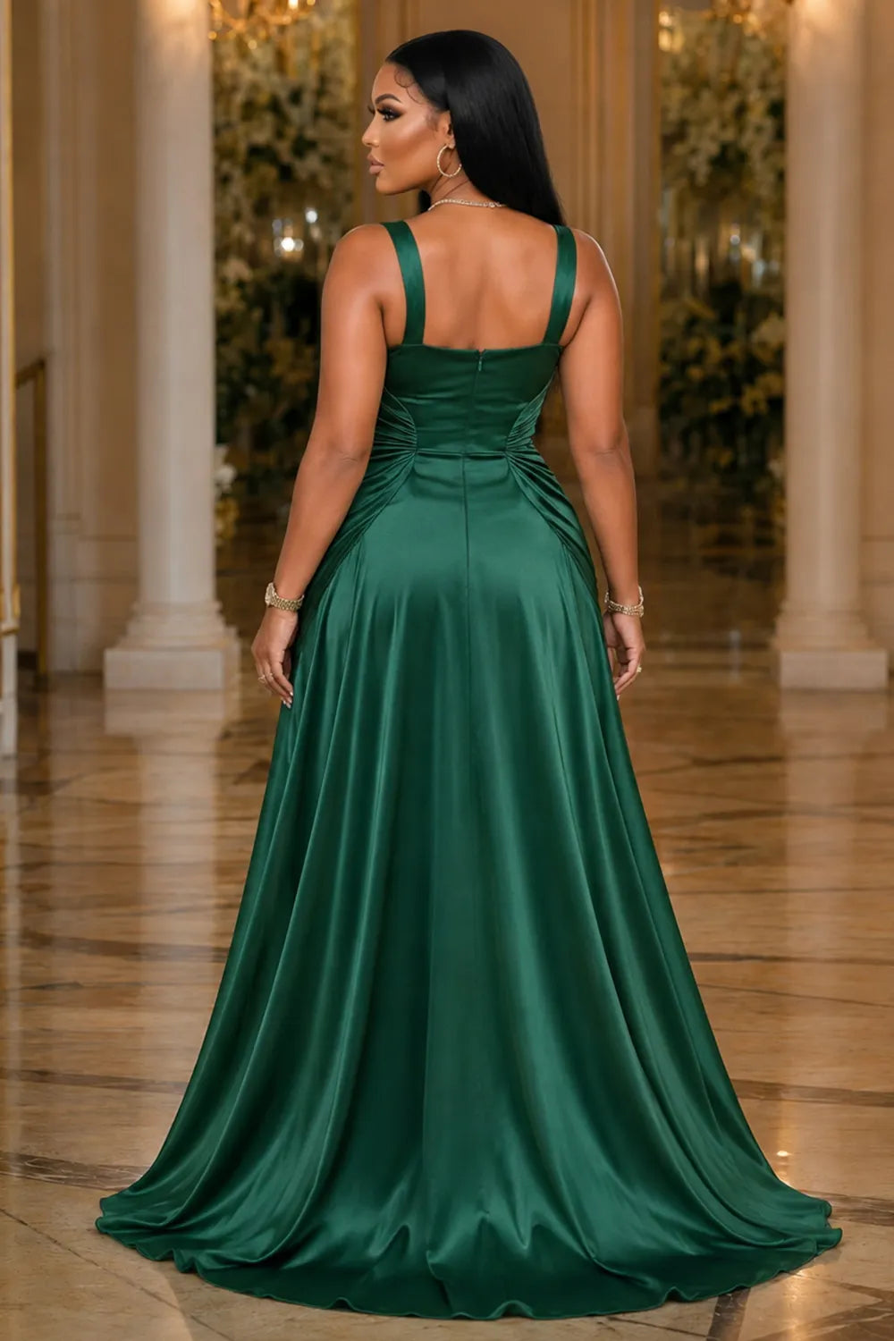 Wide Strap Square Neck Ruched Cinch Waist Maxi Dresses-Green