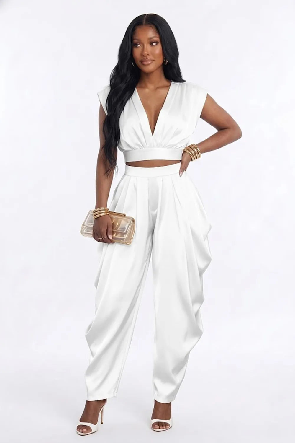 Solid Color Backless Deep V Neck Crop Top Ruched Pants 2pcs Set-Green