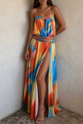 Tie Dye Print Strapless Cut Out High Slit Vacation Maxi Dresses