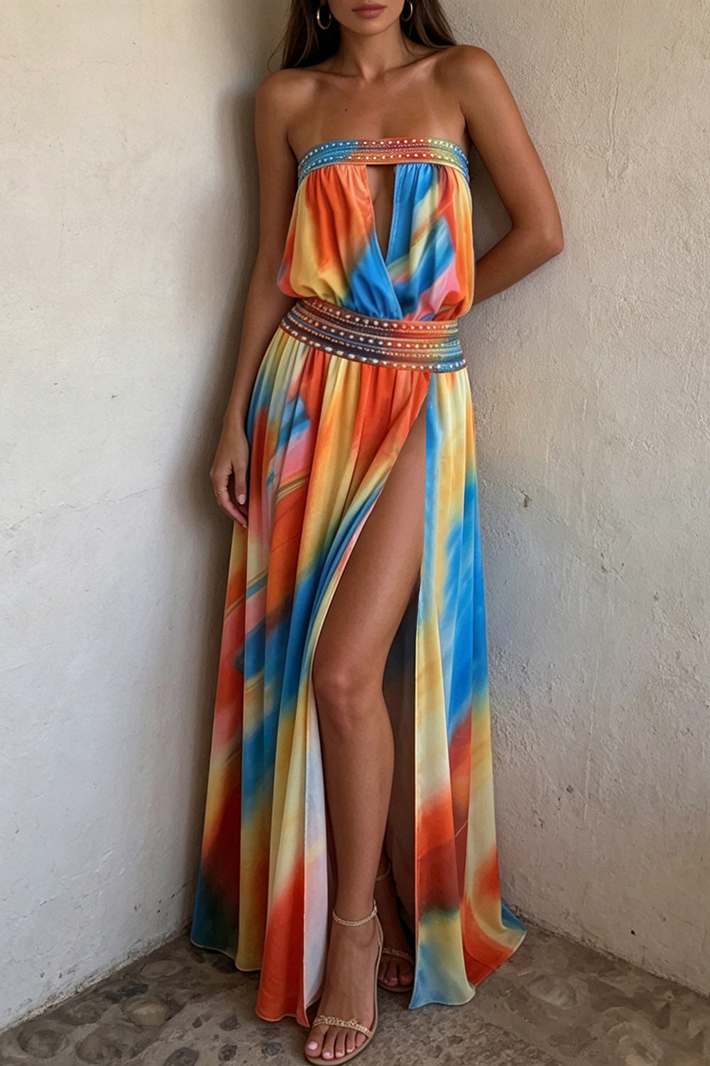 Tie Dye Print Strapless Cut Out High Slit Vacation Maxi Dresses