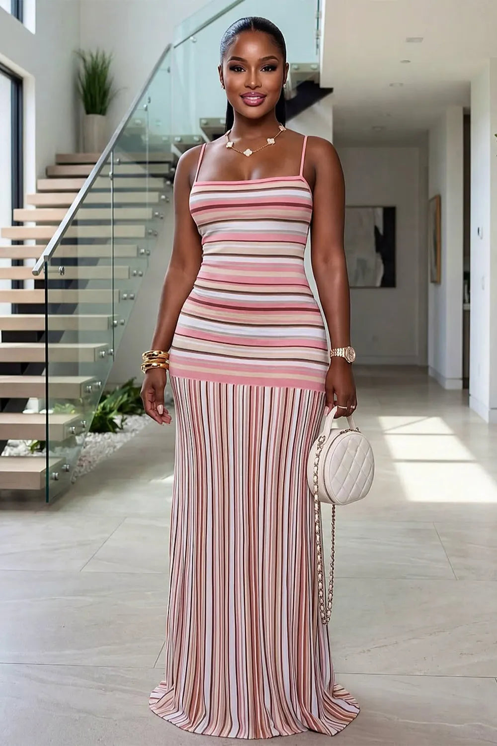Striped Print Backless Spaghetti Strap Bodycon Vacation Maxi Dresses-Pink