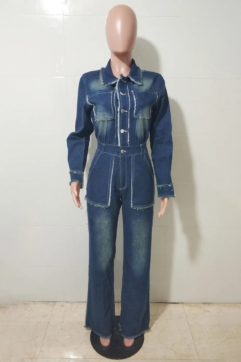 Collar Raw Trim Long Sleeve Multi-Pocket Denim Jumpsuit-Blue