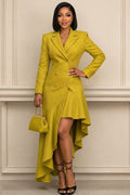 Notched Lapel Shoulder Pad Double-Breasted Midi Dresses-Yellow