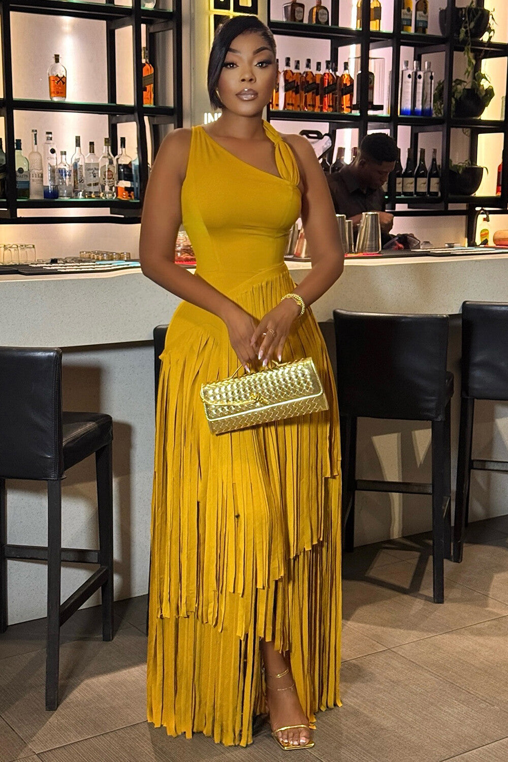 Wide Straps Cinch Waist Fringe Solid Color Maxi Dresses-Yellow