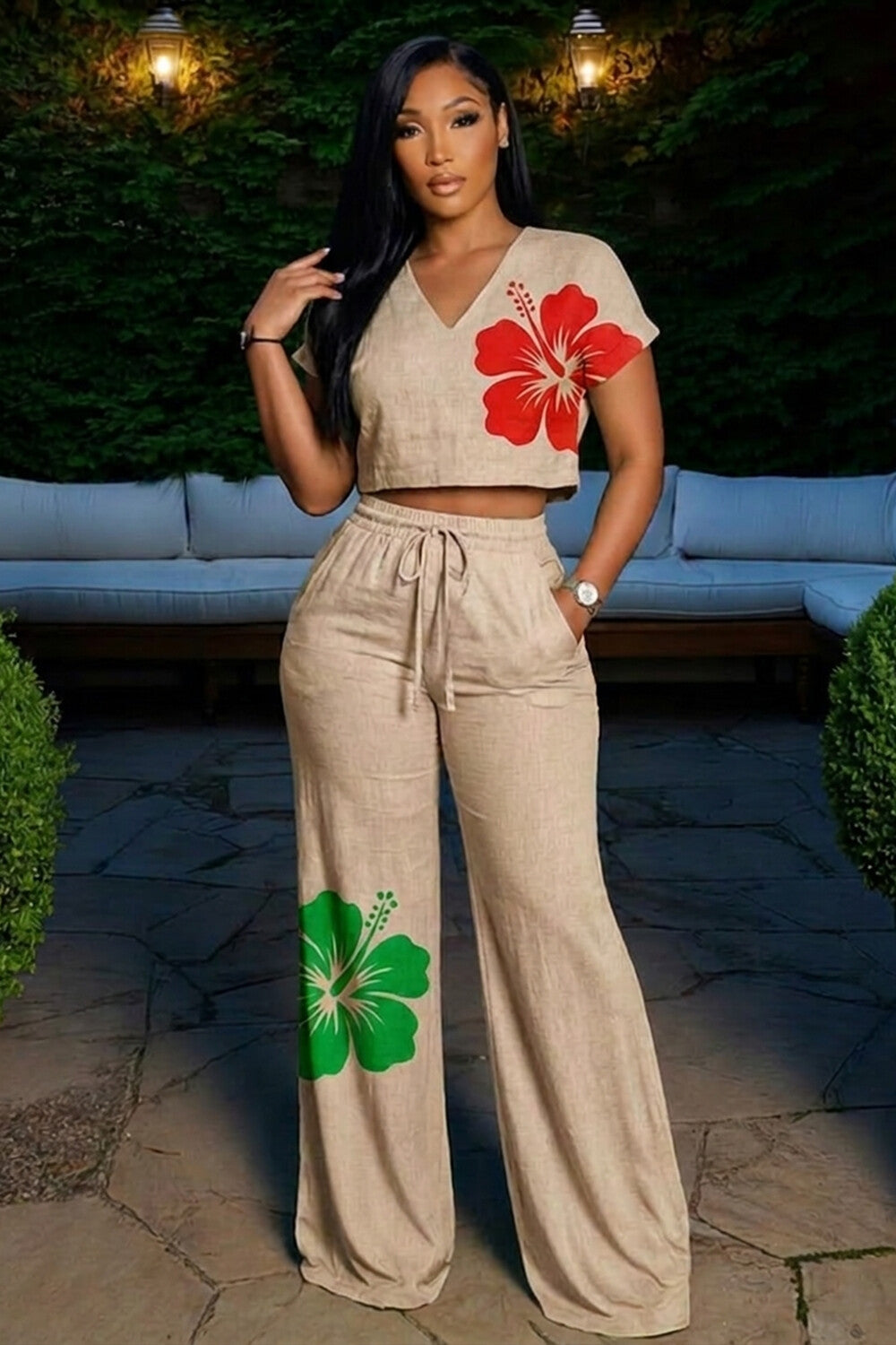 Floral V Neck Short Sleeve Crop Top Bootcut Pants 2pcs Set-Beige