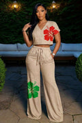 Floral V Neck Short Sleeve Crop Top Bootcut Pants 2pcs Set-Beige