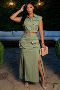 Collar Sleeveless Top Slit Maxi Skirt 2pcs Set-Green