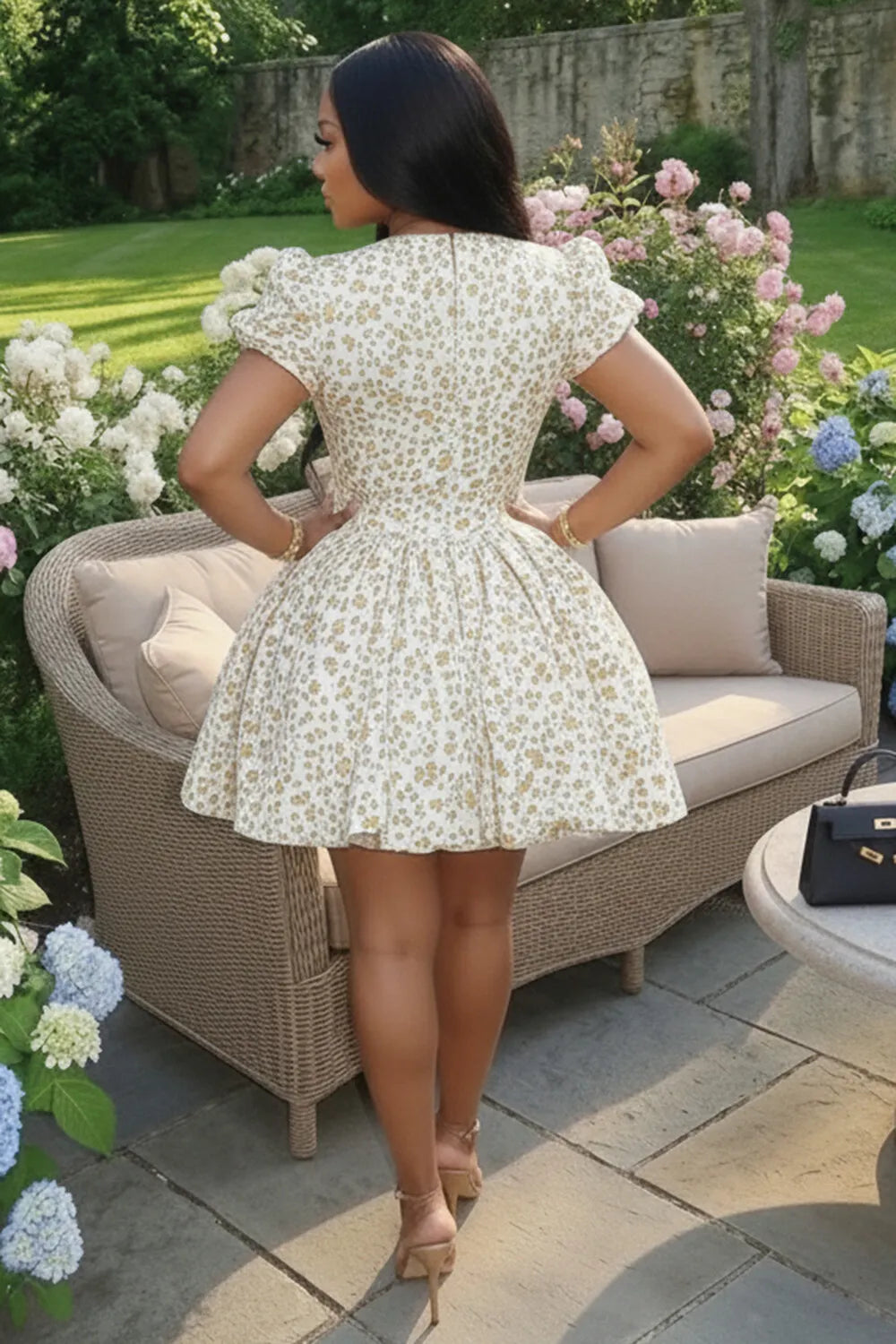Deep V Neck Puff Sleeve Cinch Waist A-Line Mini Dresses-Beige