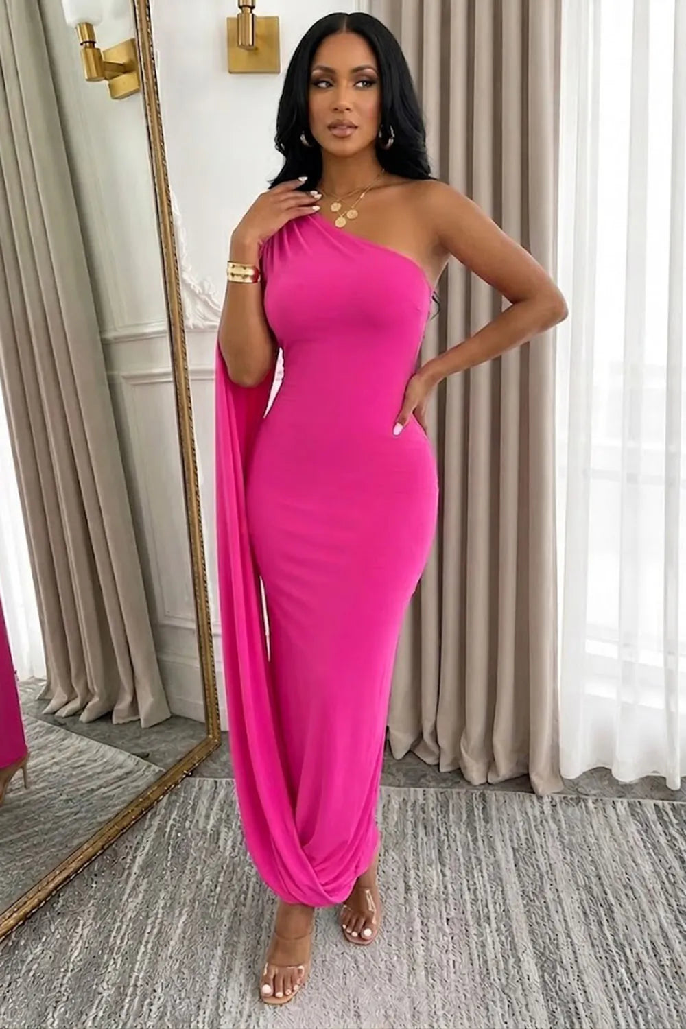 Oblique Collar Irregular Solid Color Bodycon Evening Gowns Maxi Dresses-Black