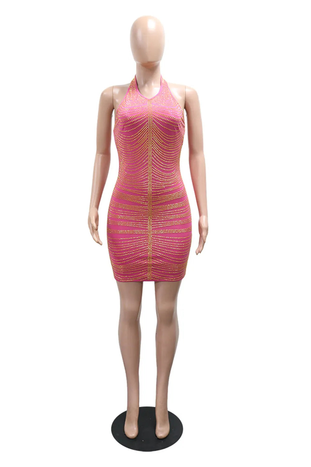 Halter Neck Backless Hot Drillings Decor Bodycon Party Mini Dresses-Red