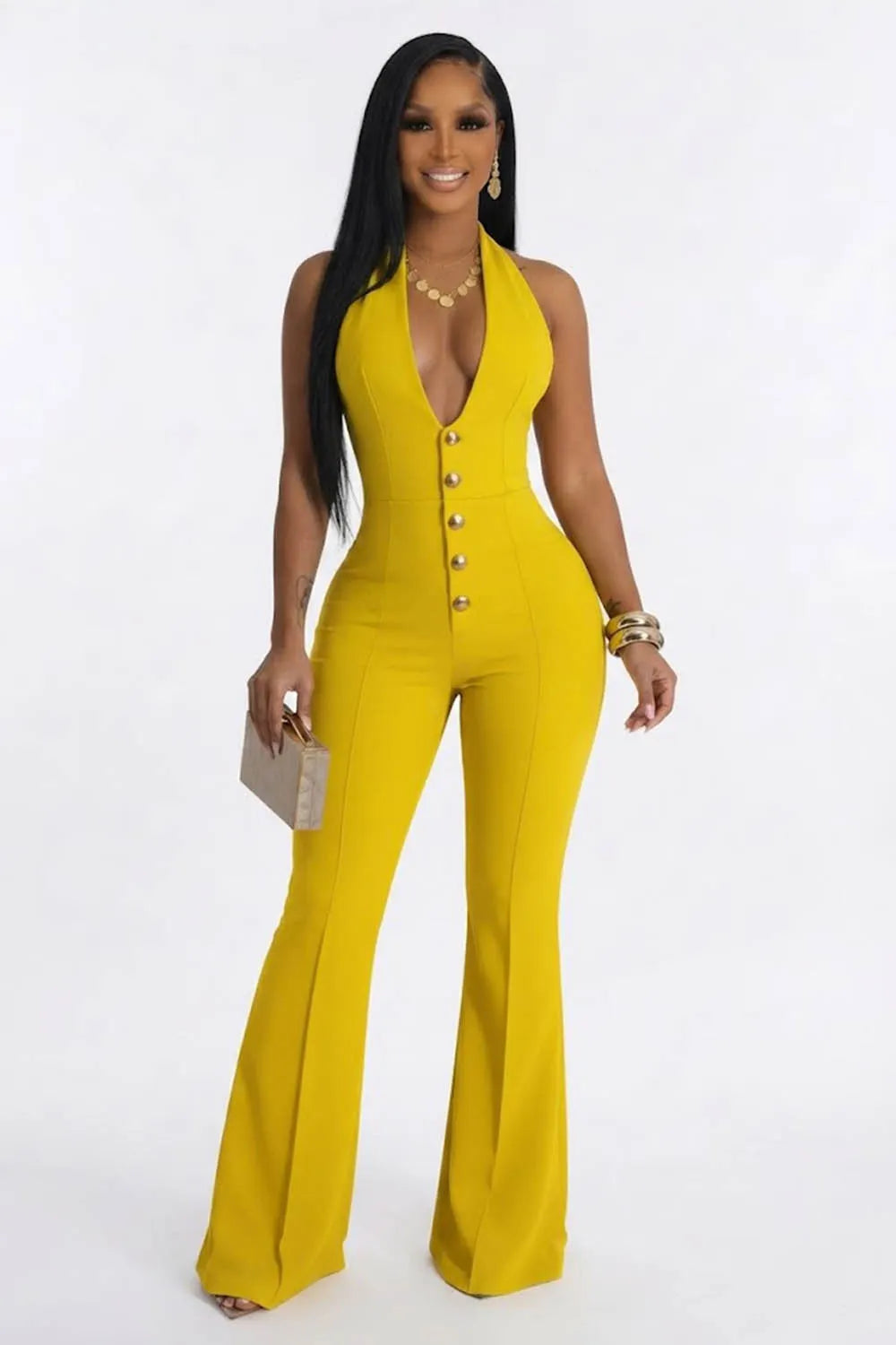 Single Breasted Halter Deep V Neck Backless Plain Flare Leg Jumpsuit-Yellow