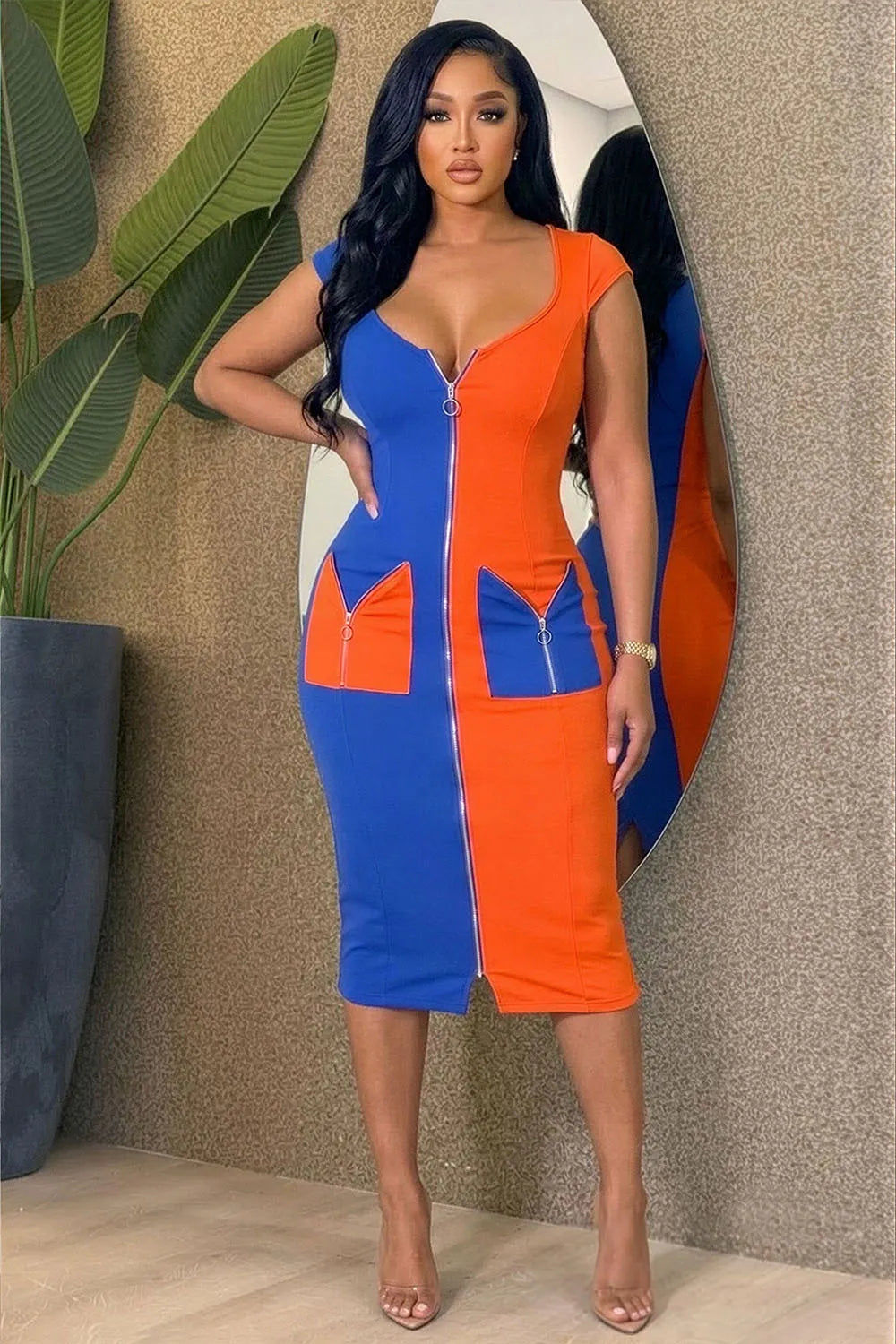 Colorblock U Neck Zipper Pocket Casual Midi Dresses