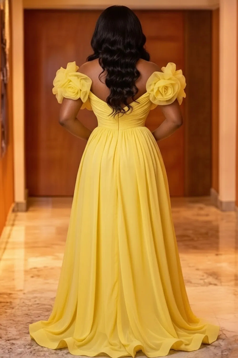Off Shoulder 3D Floral Slit Ruched Gowns Maxi Dresses-Yellow