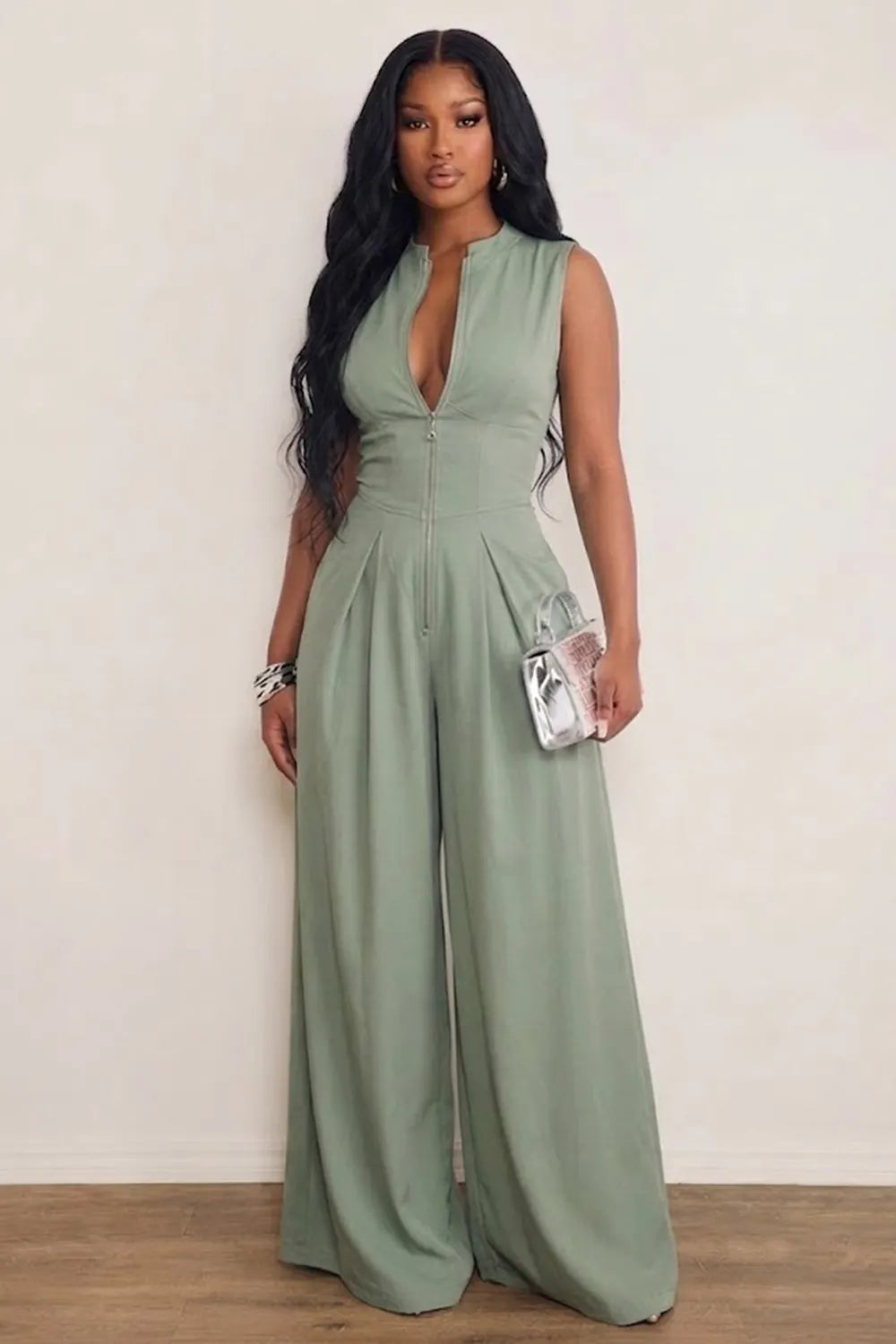 Crew Neck Zipper Cinch Waist Solid Color Casual Wide Leg Jumpsuit-White