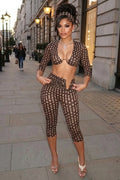 Polka Dot Print Headband 3/4 Sleeve Crop Top Capris Pants 3pcs Set-Brown