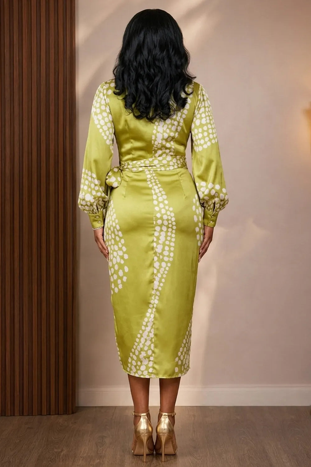 Polka Dot Print Lantern Sleeve Split Hem Midi Dresses-Green