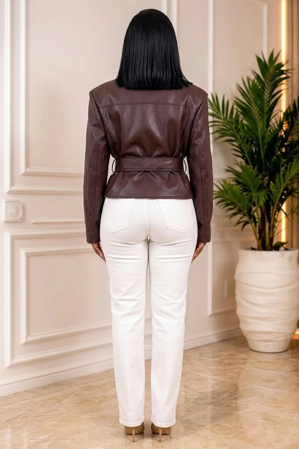 Solid Color Notched Lapel Belted Long Sleeve PU Leather Short Jacket-Burgundy