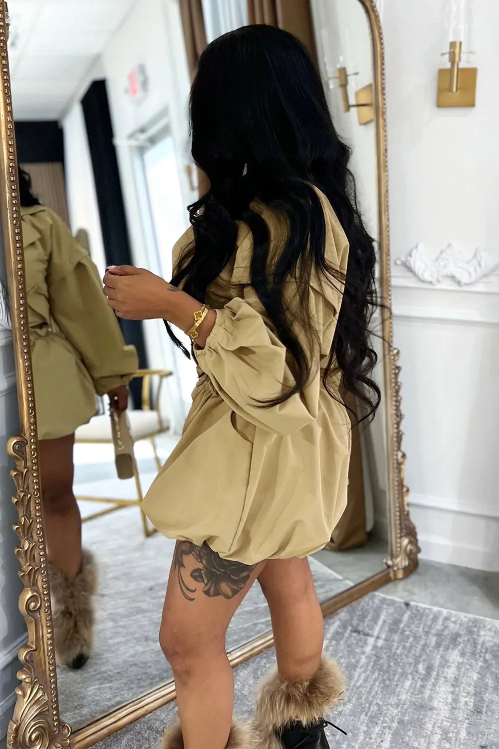 Elastic Cuff Notch Lapel Double-Breasted Crop Jacket Shorts 2pcs Set-Khaki