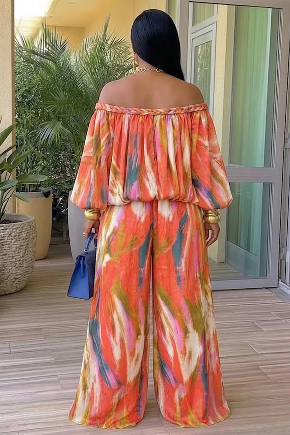 Tie Dye Braided Off Shoulder Top Wide Leg Pants 2pcs Set-Orange