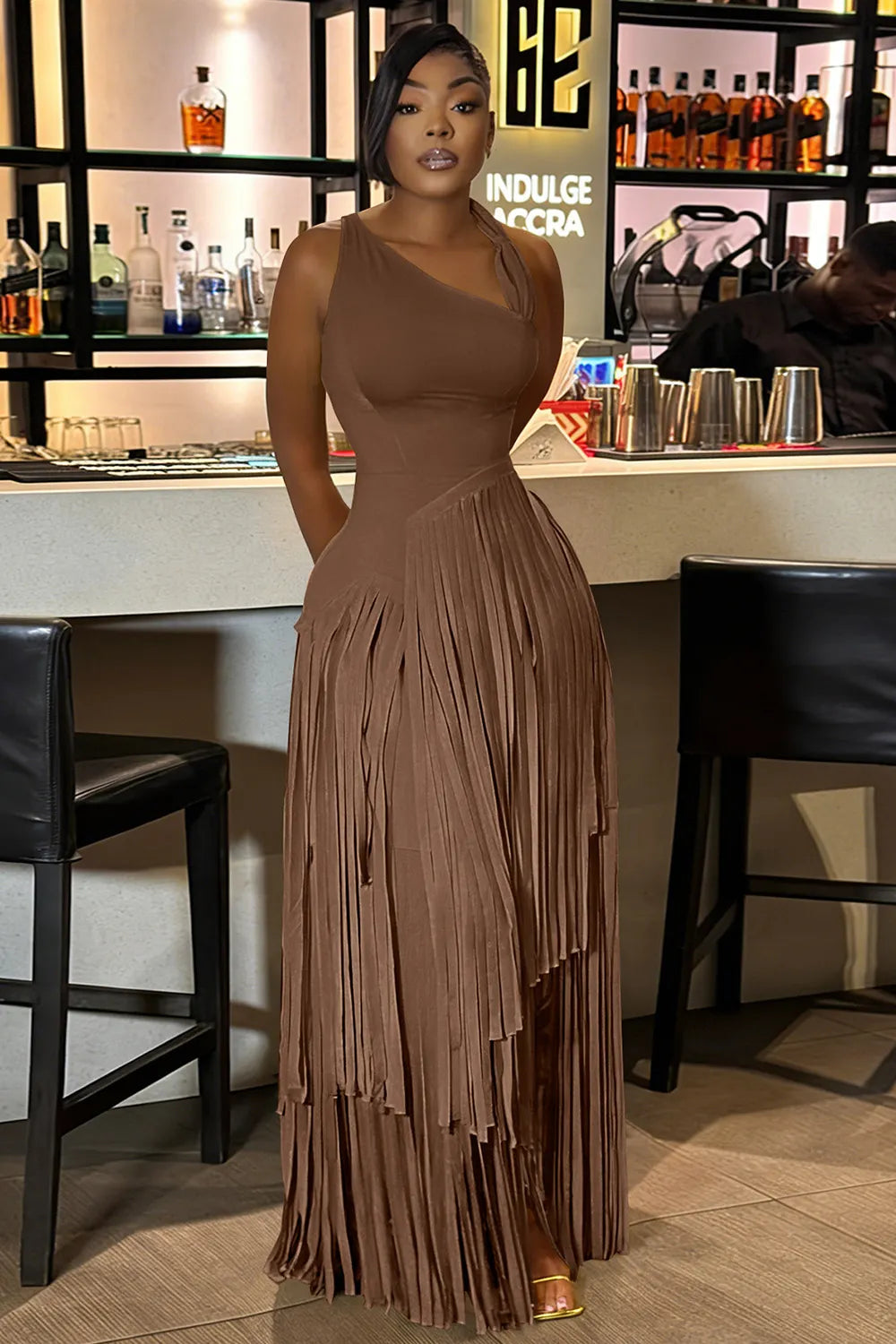 Wide Straps Cinch Waist Fringe Solid Color Maxi Dresses-Yellow