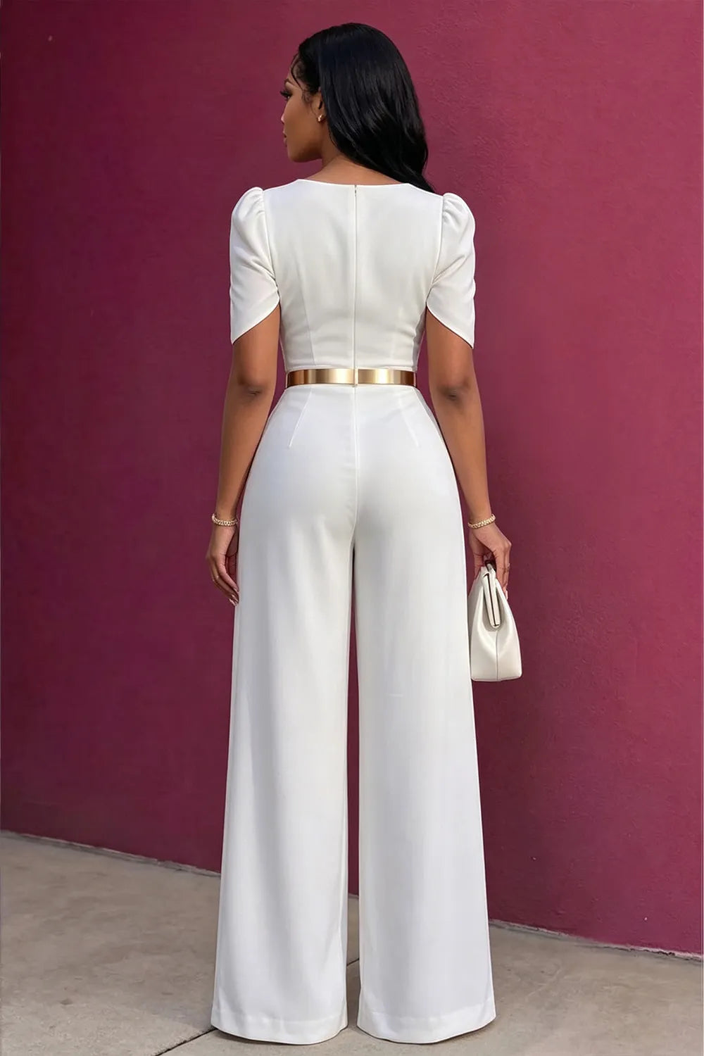 Solid Color V Neck Short Sleeve Formal Wide Leg Jumpsuit-White