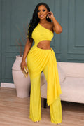 Oblique Collar Waist Cut Out Draped Sleeveless Casual Jumpsuit-Yellow